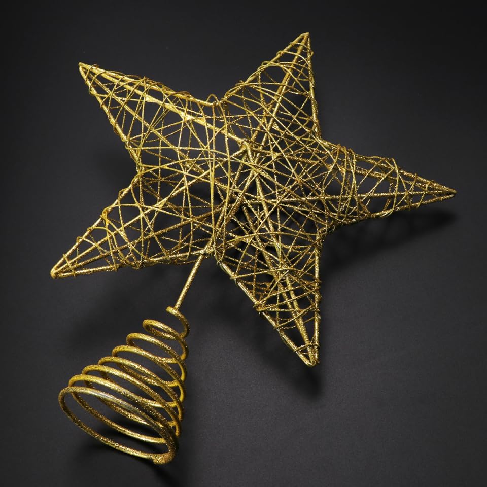 TEHAUX Christmas Tree Star Topper, 5 Point Metal Treetop Decoration with Golden Glitter Powder, Shimmery Tree Topper for Xmas Decorations, 9. 84 X 7. 87 Inches